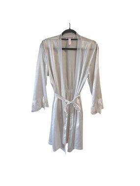 Oscar De La Renta Size XL Pink Label White Satin Short Robe Lace Trim Tie Belt